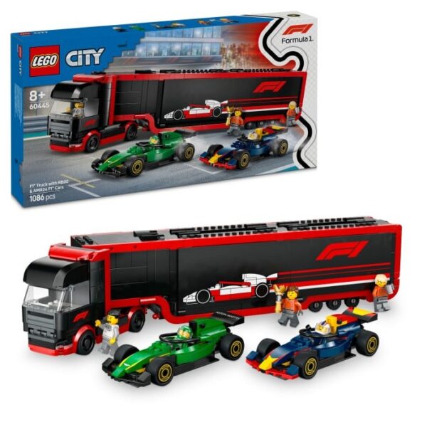 LEGO City 60445 F1 lastbil med RB20 & AMR24 F1 bilar